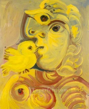 パブロ・ピカソ Painting - 鳥を持つ女性の胸像 1971年 パブロ・ピカソ